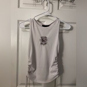 White Ruched Tank Top with Butterfly Embroidery